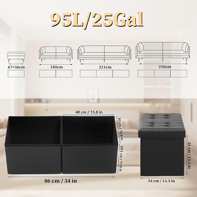 Bsketa Storage Ottoman Bench with Folding Lid Ⅲ, Foot Stools Opens on Both Ends, Footrest Foldable Leather Chest for Living Room, Bedroom, Entryway, End of Bed Storage Blanket Ottomans Black