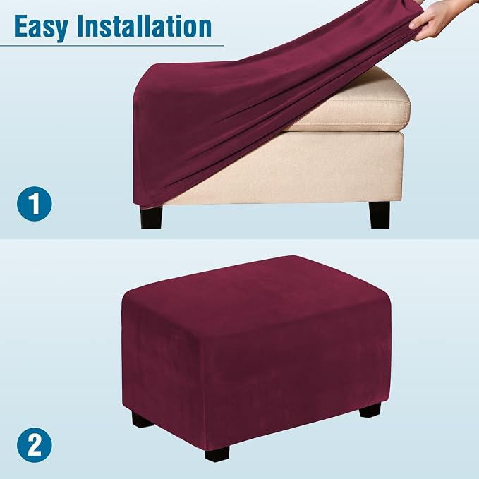 H.VERSAILTEX Real Velvet Plush 1 Piece Form Fit Stretch Rectangle Folding Storage Covers Ottoman Slipcovers Removable Footstool Protect Footrest Covers Elastic Bottom Washable(Large, Burgundy)