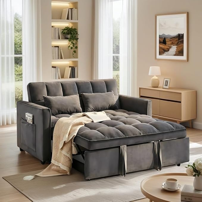 3 in 1 Convertible Sleeper Sofa Bed, Velvet Fabric Loveseat Sofa Bed with Adjustable Backrest & Large Side Pockets, Pull Out Couch for Small Spaces, Apartment, Living Room, Dark Gray