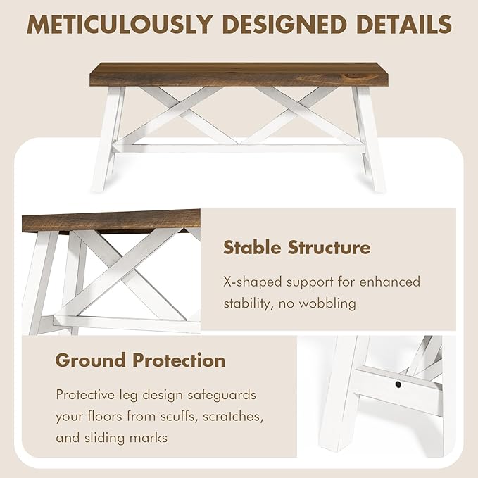 Wnutrees 43" Farmhouse Wood Bench, Rustic Solid Wood Entryway Bench Seat with Double X-Structure for Dining Area Living Room Hallway, Structural Stability, White