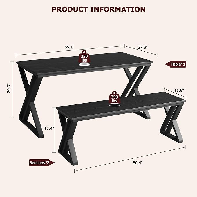 GarveeHome 55" Kitchen Table with 2 Benches, Dining Table Set for 4, Saving Space Dining Room Table Set for Kitchen, Dining Room, Apartment, Sturdy Metal Frame, Black