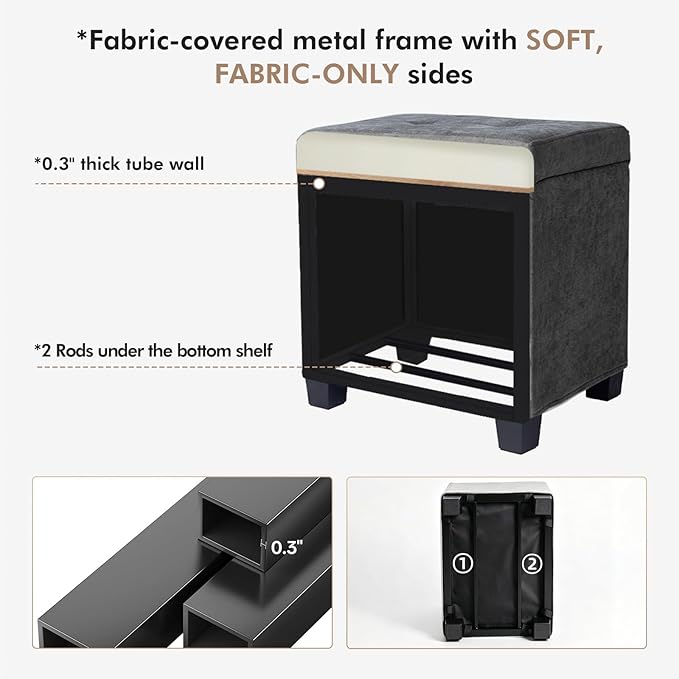 ABHENG Chenille Metal Framed Storage Ottoman,12.2" D x 16.1" W x 17.7" H Tufted Upholstered Ottoman with Storage,Foot Rest Stool with Legs,Holds 770 LB for Dorm Living Room Bedroom Gray UASND70G