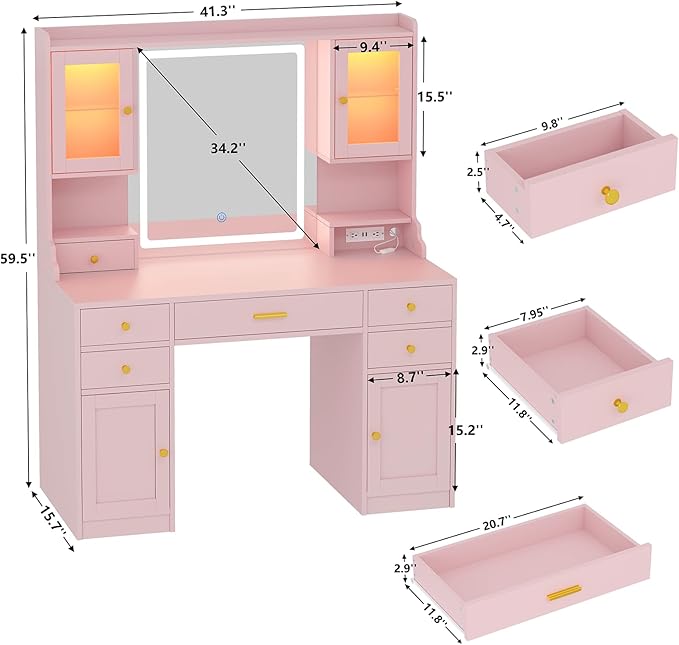 CSZZD Vanity Desk with LED Lighted Mirror, 41.3" Makeup Vanity Table with Power Outlet and 6 Drawers & Storage Shelves for Bedroom, Dressing Table with RGB Cabinets, Pink