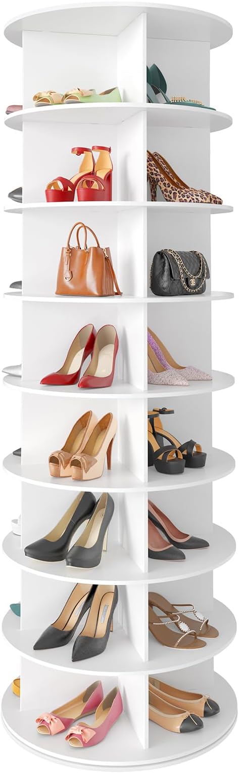 SpaceAid 8 Tier Rotating Shoe Rack Tower, Spinning Shoe Display Lazy Susan, Revolving 360 Shoe Rack Storage Round Carousel, Vertical Handbag Rotate Shoes Closet Organization (8-Tier White)