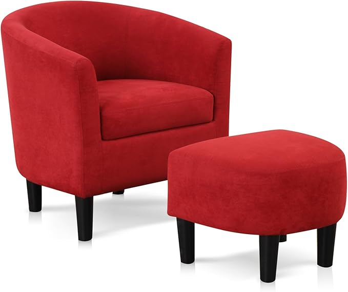 INZOY Modern Accent Chair with Ottoman for Small Space, Club Chair with Ottoman Set, Comfy Fabric Barrel Reading Chairs for Living Room Bedroom, Round Reading Chair with Foot Rest, Red