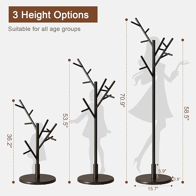 Muwuele Coat Rack, Solid Wood Coat Rack Freestanding with 12 Hooks, Coat tree freestanding 3 Adjustable Heights for coat, Hats, Handbags， Coat Stand for Entryway, Bedroom (Black)