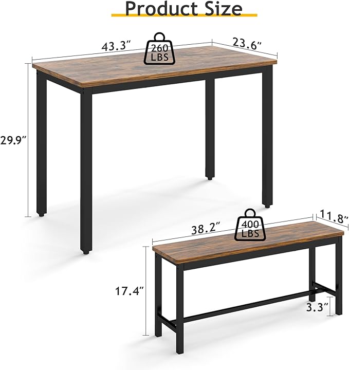 Rovibek 43" Dining Room Table Chairs Set for 4, Modern Space Saving Kitchen Table with 2 Benches & Adjustable Feet Breakfast Table, Wooden Industrial Style Farmhouse, Brown