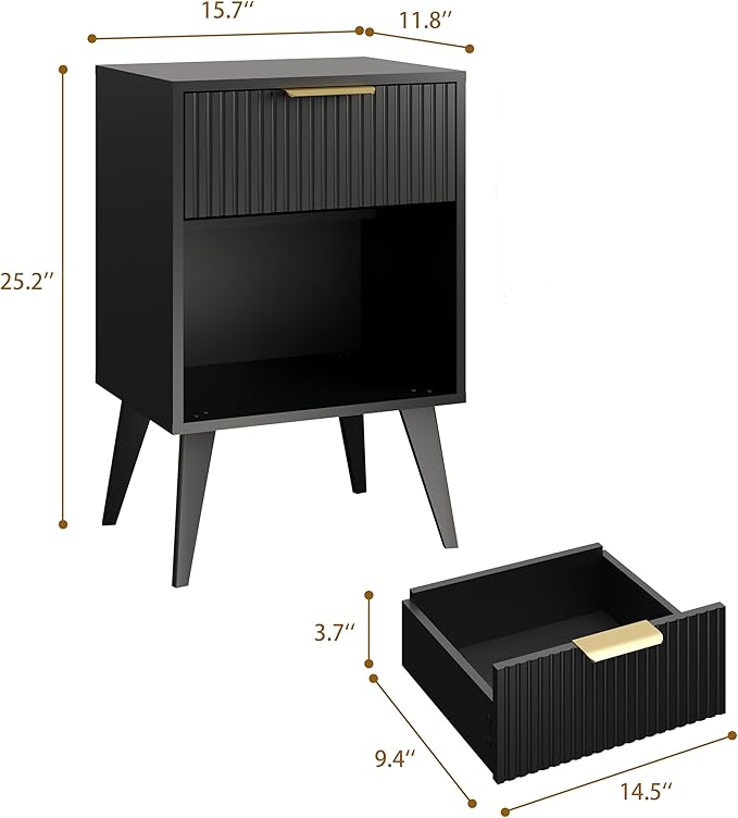 YAUKOMEL Fluted Night Stand with Opening Storage,Mid Century Bedside Table with Drawer,Black Nightstand with Wood Legs,End Table Side Table for Living Room,Bedroom,11.8" Dx15.7 Wx 25.2" H CTG56BK