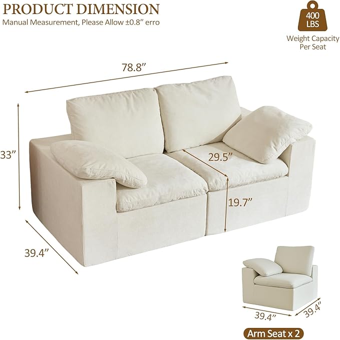ANONER 78" Loveseat Sofa, Deep Seats, Cloud Sectional Couches for Living Room, 2 Seater Boneless Couch, Modern Modular Loveseats, No Assembly, Beige