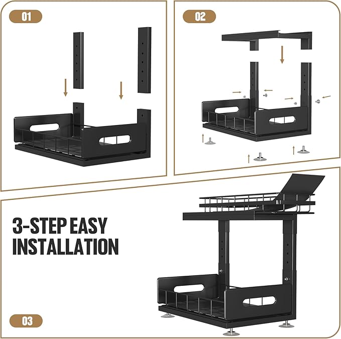 Under Sink Organizer Upgrade To Professional Rails,2-Tier Dual Pull Out Cabinet Storage,Height Adjustable Slide Out Drawers For Bathroom Kitchen,2 Pack-14.5" Dx12.8-16.9" H,Black