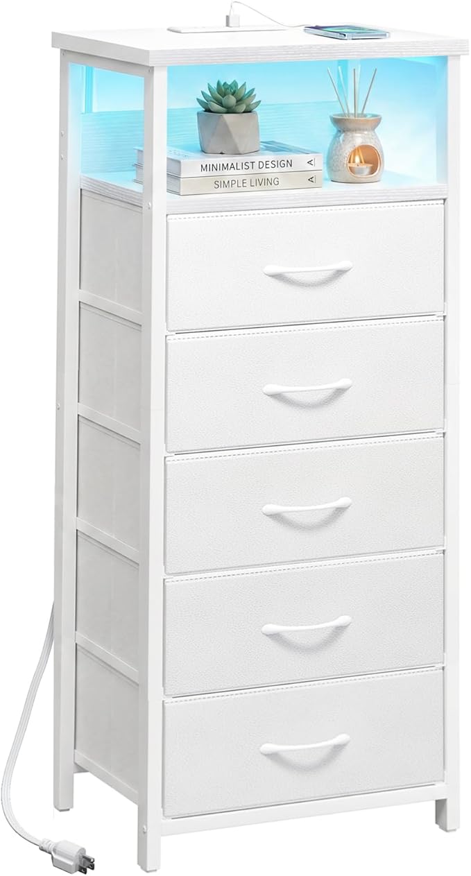 Fixwal Tall Nightstand with Charging Station and LED Lights, Night Stand with PU Finish Fabric Storage Drawers, 5 Drawer Dresser, White