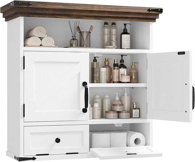 Bathroom Wall Cabinet, Farmhouse Medicine Cabinet with Door, 8.9"D x 25.6"W x 24.8"H, Wall Mounted Bathroom Cabinet with Adjustable Shelf, Wall Storage Cabinet for Laundry Room & Kitchen(White)