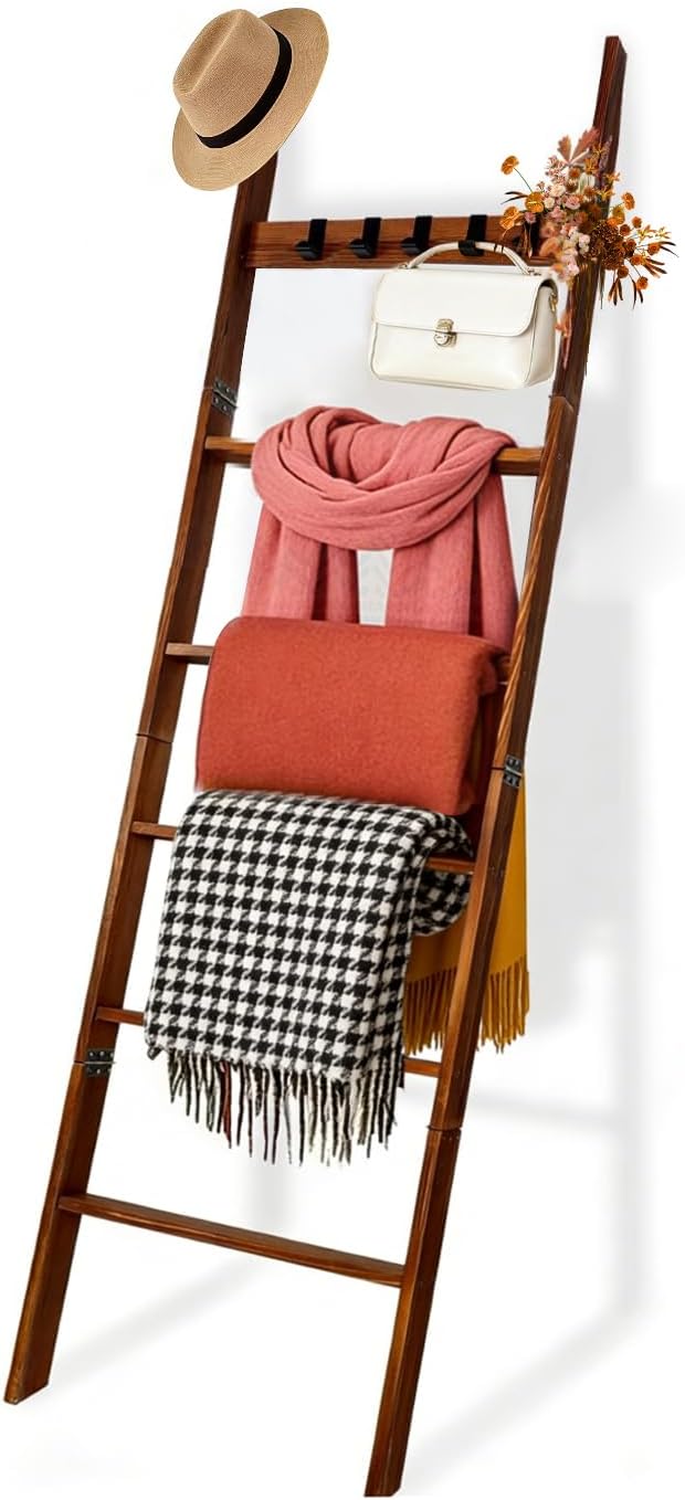 Rustic Wooden Blanket Ladder Towel Rack - 68" Wall Leaning Decorative Ladder Shelf for Living Room Bedroom Bathroom, Farmhouse Blanket Holder for Blankets, Towels, Scarves, Hats
