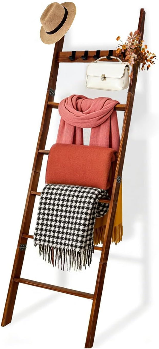 Rustic Wooden Blanket Ladder Towel Rack - 68" Wall Leaning Decorative Ladder Shelf for Living Room Bedroom Bathroom, Farmhouse Blanket Holder for Blankets, Towels, Scarves, Hats