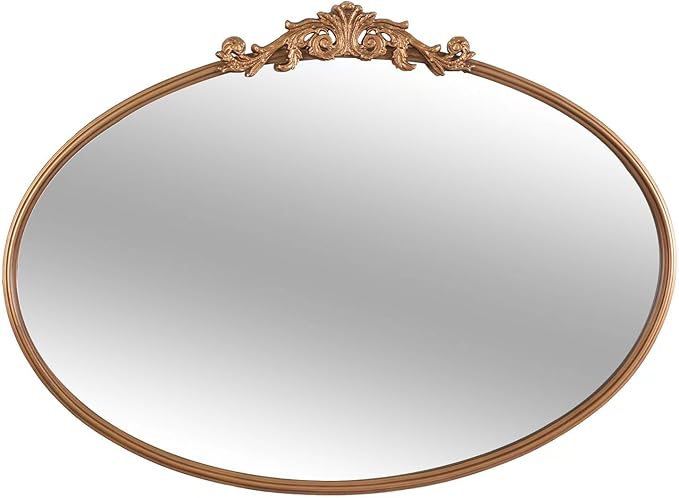 OUSHUAI Gold Oval Mirror for Wall,Baroque Fireplace Decor,Brass Wall Mirror,Victorian Vintage with Full Matel Frame,Ornate Entryway/Bathroom/Living Room/Hallway 36''X24'' (XD-004ZM)