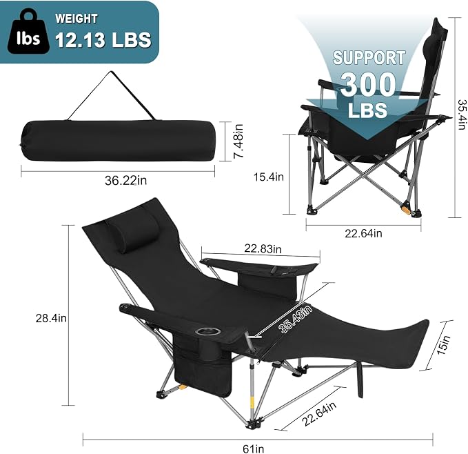 Romswi 2Pack 4-Position Reclining Camping Chair with Removable Footrest, 2-in-1 Adjustable Portable Lounge Chair with Cooler Bag, Cup Holder, Side Pockets & Carry Bag for Outdoor, Grey