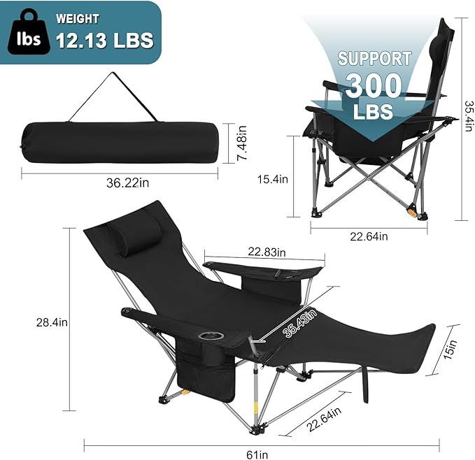 Romswi 2Pack 4-Position Reclining Camping Chair with Removable Footrest, 2-in-1 Adjustable Portable Lounge Chair with Cooler Bag, Cup Holder, Side Pockets & Carry Bag for Outdoor, Black