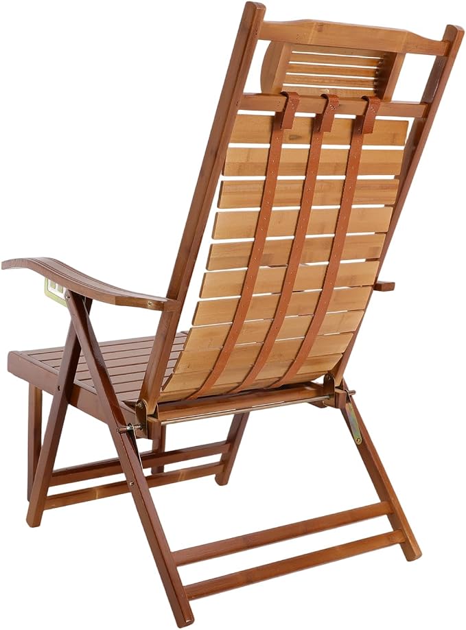 Bamboo Folding Lounge Chair with Footrest & 5-Position Adjustable Backrest, 440lbs Capacity Indoor Outdoor Recliner for Patio, Garden, Balcony, Camping