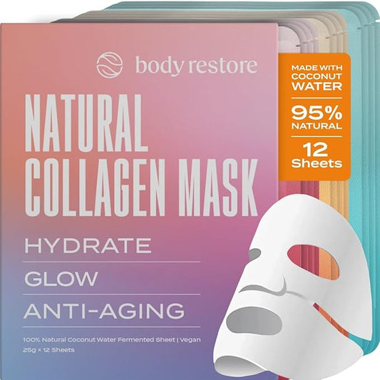 Body Restore 韓国バイオセルロース フェイスマスク バラエティパック (12枚入り) – ヒアルロン酸、ナイアシンアミド、ツボクサ配合 ハイドレーティング、ブライトニング、アンチエイジング シートマスク – K-Beauty フェイシャルマスク スキンケア