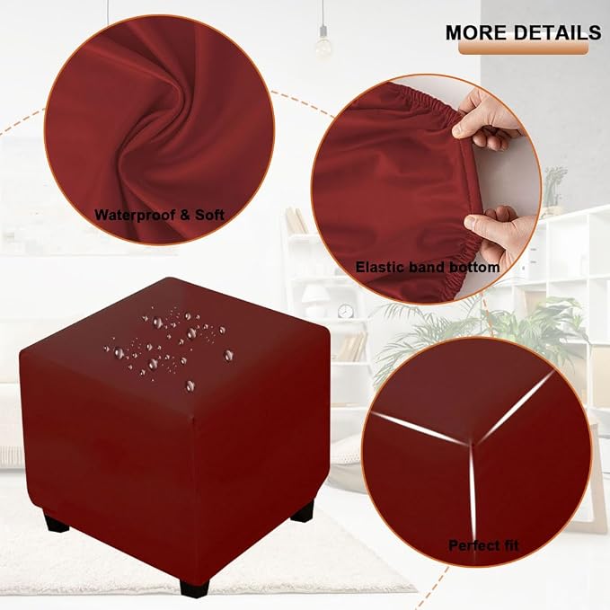 Waterproof Ottoman Cover Square Stretch PU Soft Folding Storage Ottoman Cover with Elastic Bottom Cube Footrest Foot Stool Slipcovers Machine Washable(Large/Wine red)