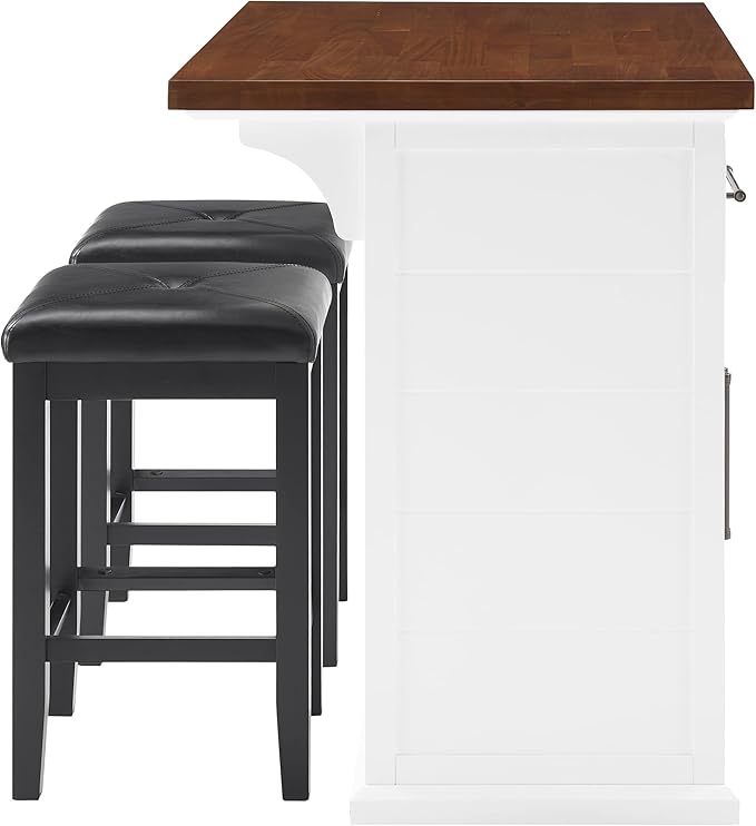 Crosley Furniture Bartlett Kitchen Island with Wood Top and Upholstered Square Stools, White/Black