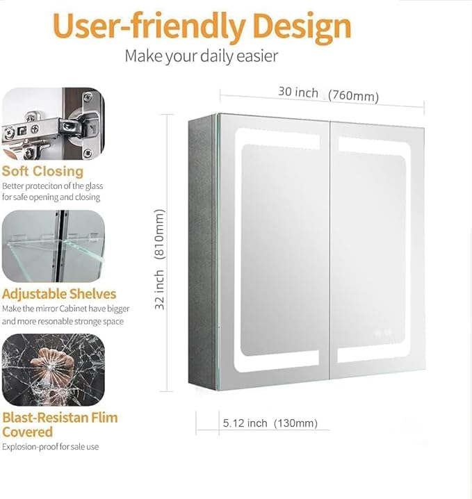 Stainless Steel LED Medicine Cabinet,Bathroom Mirror Cabinet with Light,3 Color,Dimmable,Equipped with Defogger,USB Shavor Socket,Internal Light,30×32 Inch
