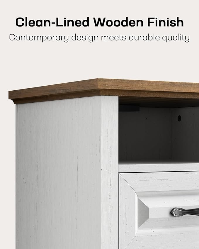Marsail Farmhouse Nightstand Set of 2, Wood Bedside Table with Charging Station, Night Stand with Shelf and Drawers, End Table with Storage Side Table for Bedroom, Brown and White