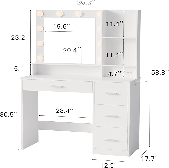 YESHOMY 39" Vanity Desk with Mirror & Lights, Makeup Vanity Table with Power Outlet & Storage Drawers, 3 Color LED Lighting, Dressing Table for Bedroom, Pure White