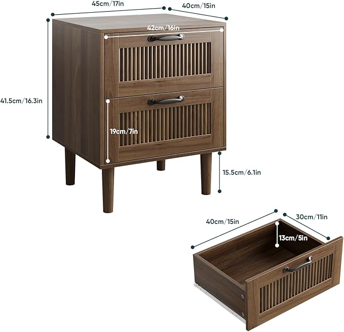 Kiasthome Wood Nightstand with 2 Drawers - Stylish Bedside Table for Bedroom, Functional End Table with Textured Front