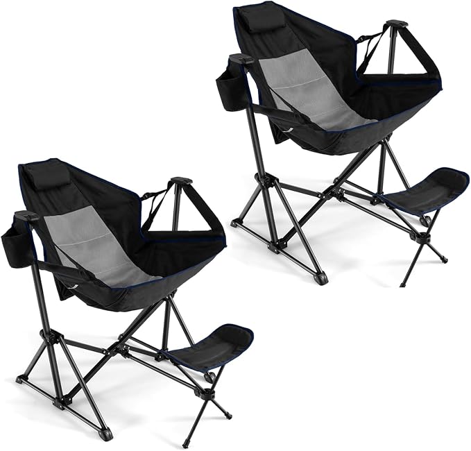 GYMAX Hammock Camping Chair, Folding Camp Chair with Detachable Footrest, Adjustable Backrest, Pillow, Cup Holder & Carry Bag, Portable Rocking Camping Chairs for Beach Lawn Fishing (2, Black)