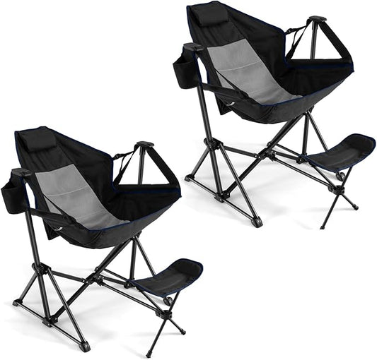 GYMAX Hammock Camping Chair, Folding Camp Chair with Detachable Footrest, Adjustable Backrest, Pillow, Cup Holder & Carry Bag, Portable Rocking Camping Chairs for Beach Lawn Fishing (2, Black)