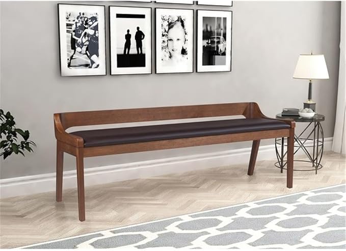 BOWERY HILL Modern Dining Bench, Rubberwood Frame, Chestnut Wire-Brush Finish, Brown Faux Leather Upholstery, 60" Wide, Seats 2, High-Density Foam Cushion, Kitchen or Dining Room Seating