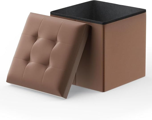 MoNiBloom Folding Storage Ottoman Cube, 15 Inches Small Ottoman with Storage, Footstool Rest Padded Seat for Living Room, Bedroom, Entryway, Hallway, Brown
