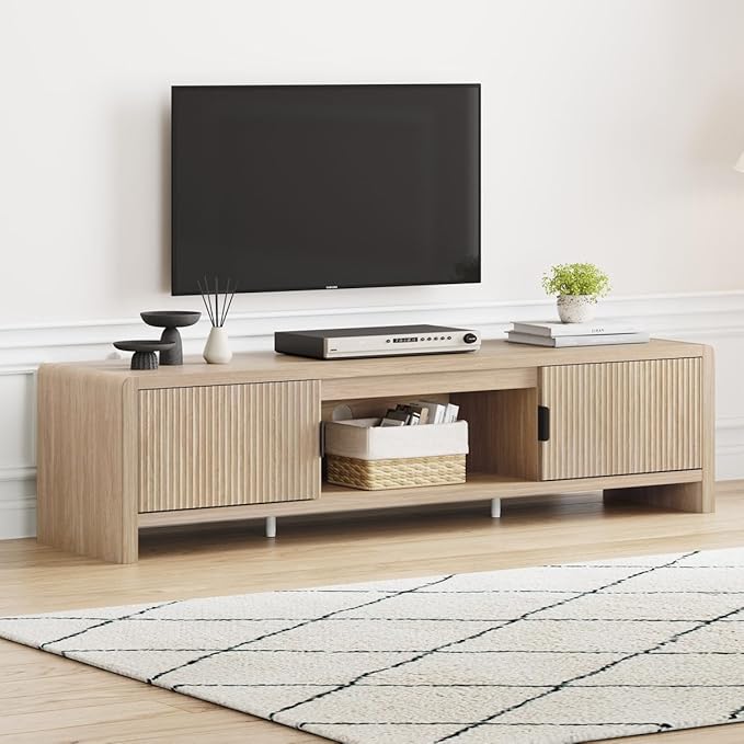 FATORRI TV Stand for TVs up to 75/65/55 Inch, Wood Entertainment Center with Storage, Farmhouse Waveform Fluted-Door Television Media Console for Living Room, Bedroom (63 Inch W, Light Walnut)