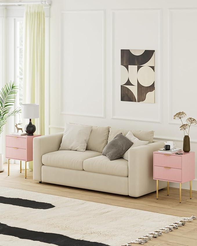 Aienvey Night Stand, Modern Nightstand with Drawers, Bedside Table, Gold Small Side Table for Bedroom, Living Room End Table (Pink Stripe, 2 Drawers)