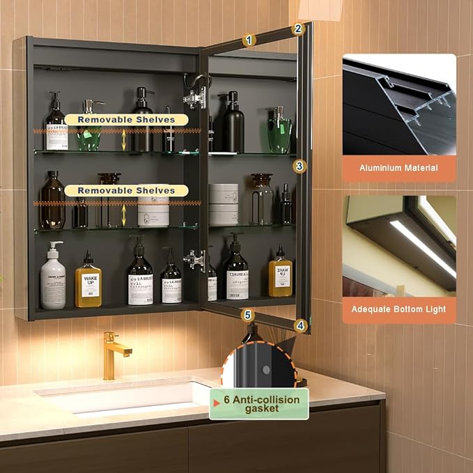 GANPE LED Lighted Bathroom Medicine Mirror Cabinet with Sockets & USBs, Anti-Fog Dimmable Light and Color Adjustment, Easy to Install Aluminum Cabinet (20 * 28 Right Hinge)