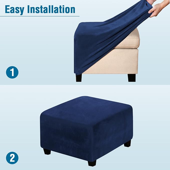 H.VERSAILTEX Square Ottoman Covers Ottoman Slipcover Square Footstool Protector Covers Storage Stool Ottoman Covers Stretch with Elastic Bottom, Feature Real Velvet Plush Fabric, Navy