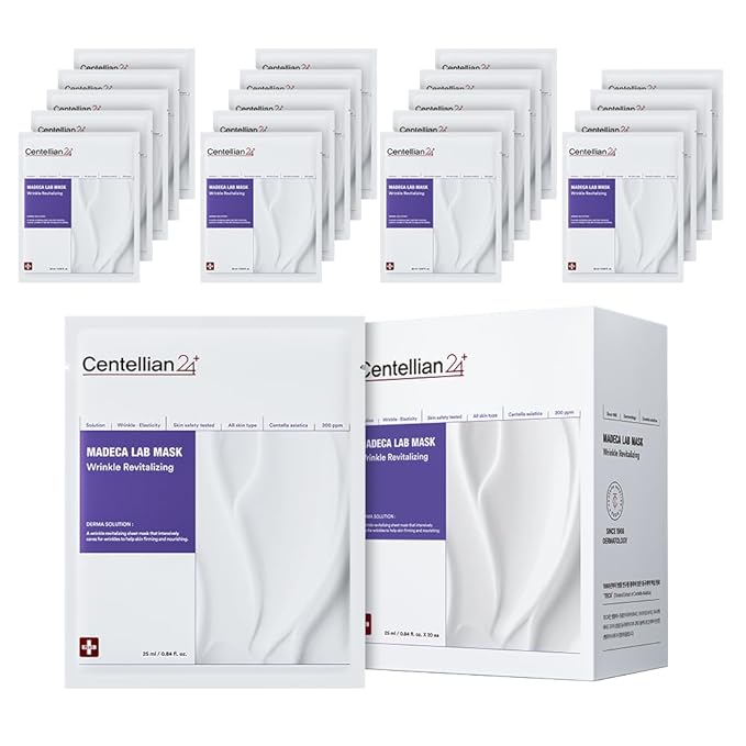 CENTELLIAN 24 マデカマスク (リンクルリバイタライジング、20枚) - シカ、TECA、ナイアシンアミド、レチナール配合、肌の弾力アップ、ハリを瞬時に実感できるフェイスマスクシート。男女兼用の韓国スキンケア。