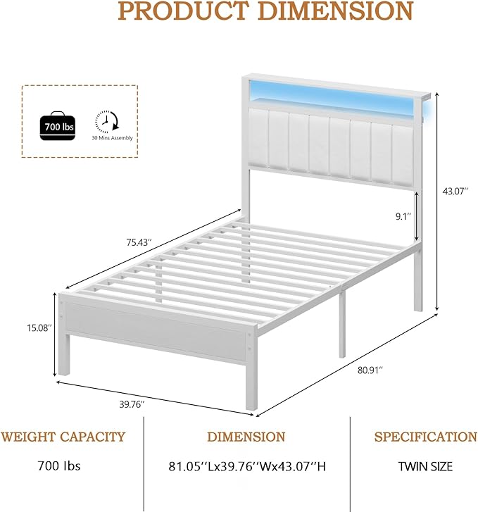 Furnulem Twin Size Bed Frame with Charging Station & LED Lights, Modern Platform Bed with 2-Tier Storage Shelves, White PU Leather Upholstered Headboard, No Box Spring Needed, Metal Slats Support