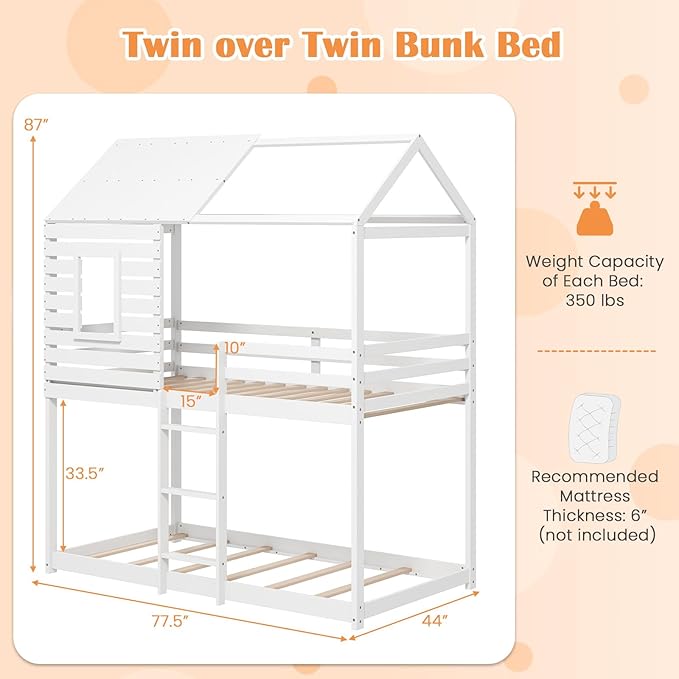 Giantex Wood Bunk Bed Twin Over Twin, House Bed Frame with Ladder and Guardrail, Floor Bunk Bed with Wood Slats for Kids, Girls, Boys, Dormitory and Bedroom, No Box Spring Needed, White