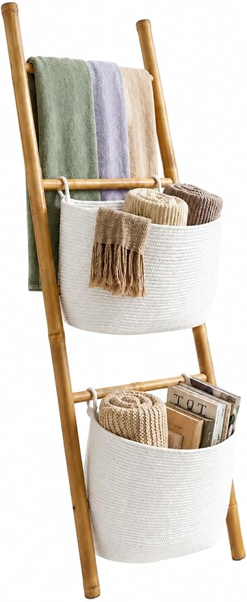 Bamboo Blanket Ladder with 2 Woven Storage Baskets, Handcrafted 55in Decorative Ladder for Blankets, Leaning Blanket Holder for Living Room, Towel Ladder for Bathroom & Quilt Display Rack