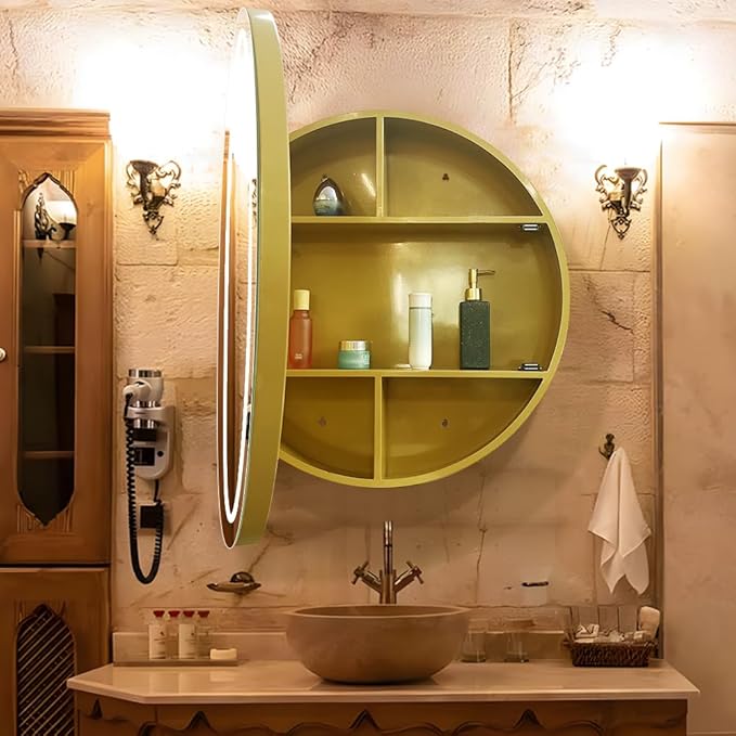 28inch Round Medicine Cabinet with Lights,Led Medicine Cabinet with Defogger,Illuminated Mirror Cabinet for Bathroom,Dimmable,Anti-Fog,3 Colors,Surface Mount only,Gold