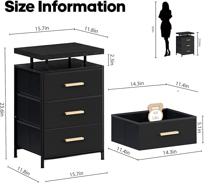 DreamDashio Nightstand Set of 2 with LED Lights, 3 Fabric Storage Drawers with PU Finish, Floating Top Design, Bedside Table with Open Shelf, End Table for Bedroom, Living Room, Office Black