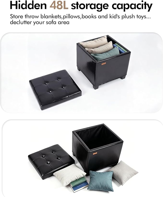 ABHENG Synthetic Leather Cover Steel Frame Ottoman with 48L Storage,17.7" x 17.7" x 17.7" Square Storage Ottoman Stool Cube with Legs,for Dorm Livingroom Black UASND63B