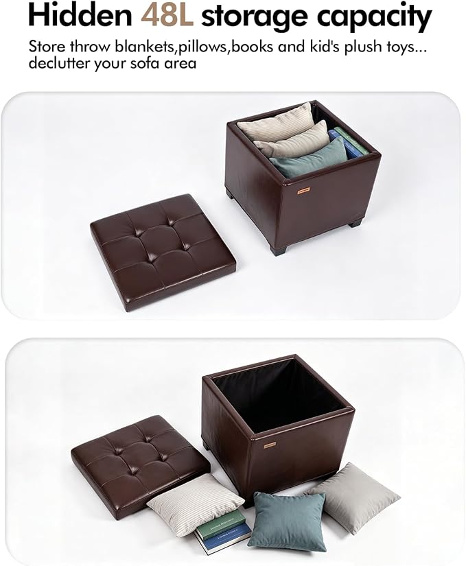 ABHENG Synthetic Leather Cover Steel Frame Ottoman with 48L Storage,17.7" x 17.7" x 17.7" Square Storage Ottoman Stool Cube with Legs,for Dorm Livingroom Brown UASND63R
