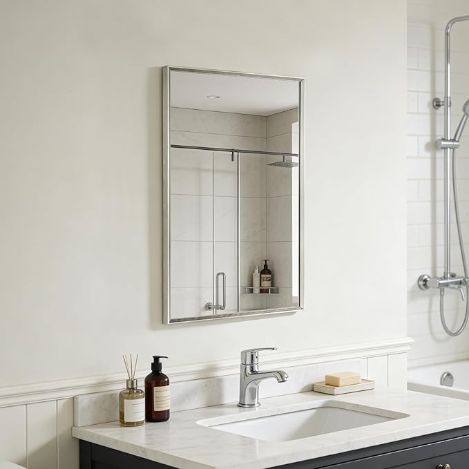Bathroom Mirror for Wall, 16x24 Inch Metal Framed Mirror, Brushed Nickel Rectangle Mirror, Bathroom Vanity Mirror Farmhouse, Tempered Glass, Anti-Rust, Hangs Horizontally or Vertically