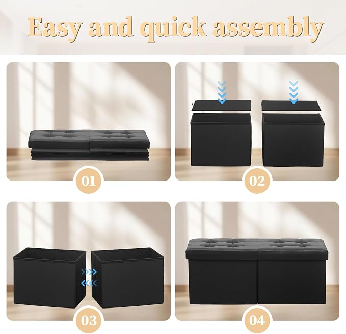 Bsketa Storage Ottoman Bench with Folding Lid Ⅲ, Foot Stools Opens on Both Ends, Footrest Foldable Leather Chest for Living Room, Bedroom, Entryway, End of Bed Storage Blanket Ottomans Black