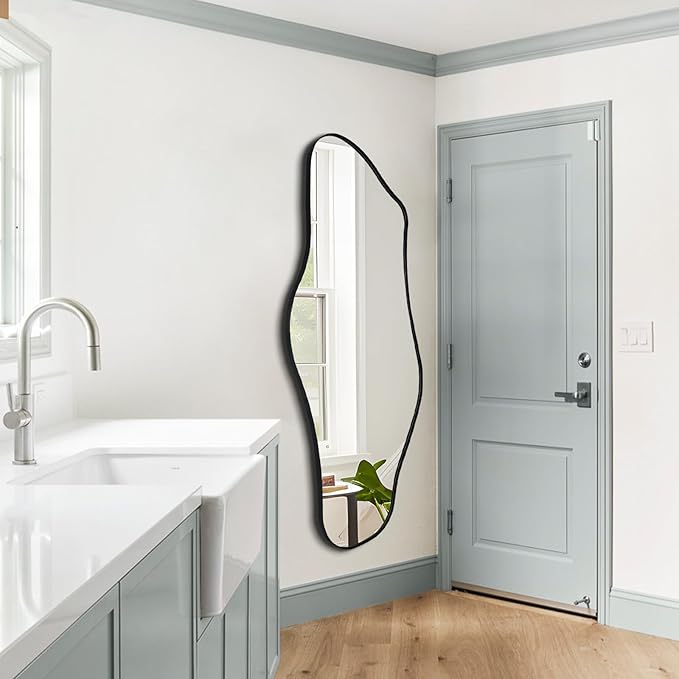 Large Irregular Mirror, 55"x25.6" Asymmetrical Aesthetic Wall Mirror with Metal Frame, Modern Organic Shaped Mirrors for Living Room Bedroom Hallway Entryway, Horizontal or Vertical Hanging