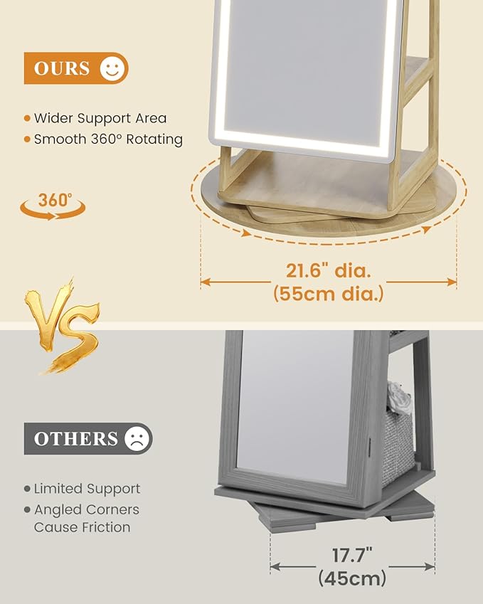 LVSOMT LED Mirror Jewelry Cabinet Standing, Lockable Jewelry Armoire with Arched Full-Length Mirror and Adjustable LED Lights, Space-Saving Jewelry Organizer with Mirror(LED Wood)
