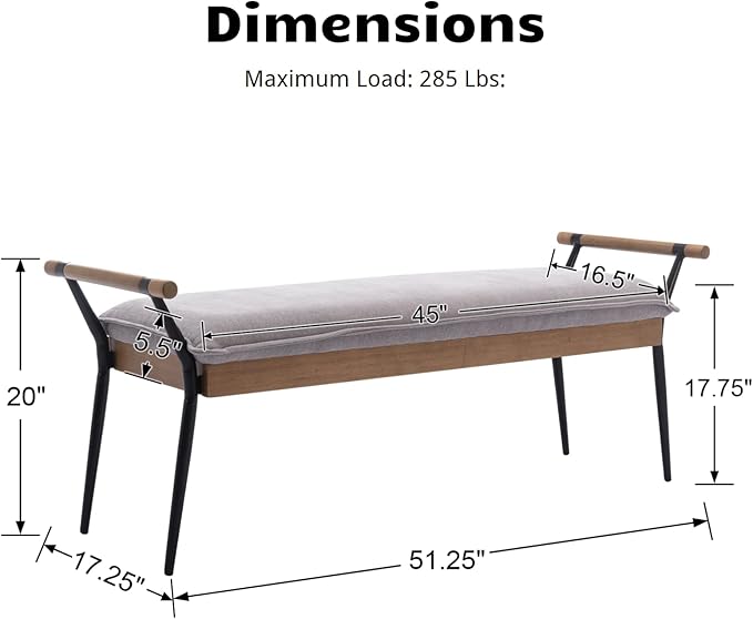 HEAH-YO Modern Dining Bench, 51 Inches Entryway Bench with Armrests, Upholstered Chenille Fabric End of Bench for Bedroom, Grey